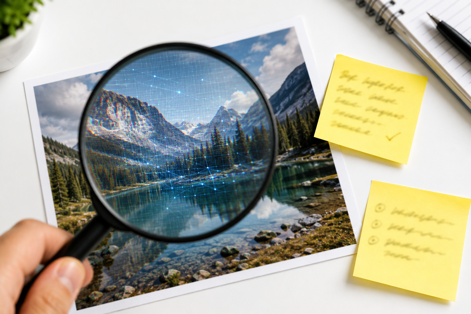Magnifying glass examining details of a suspicious AI-generated photo